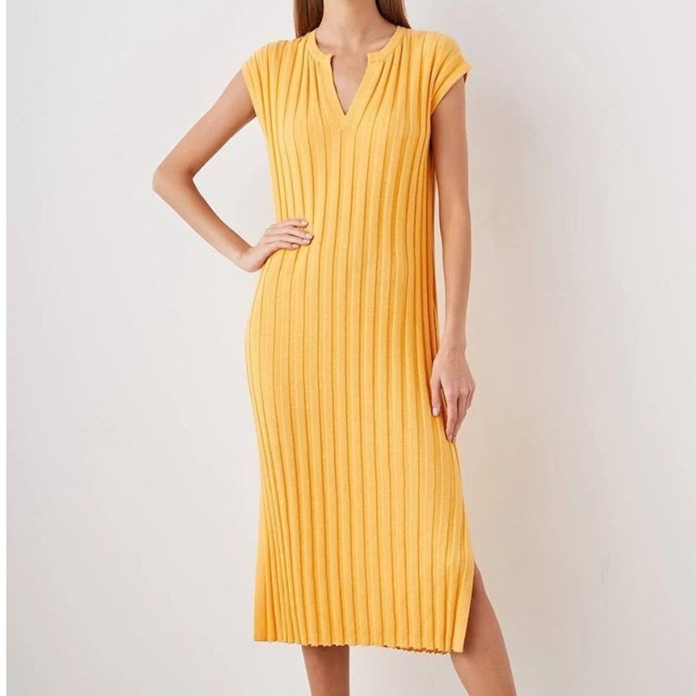 Rails Women Yellow Ribbed Knit V-Neck Sleeveless Sweater Midi Dress Size S